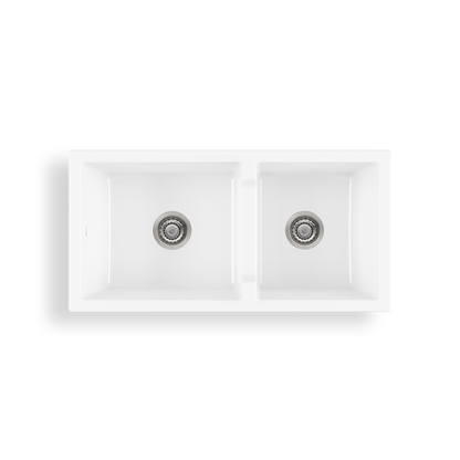Sicily White Fireclay Farmhouse 1 & 3/4 Bowl Counter Top or Undermount Sink