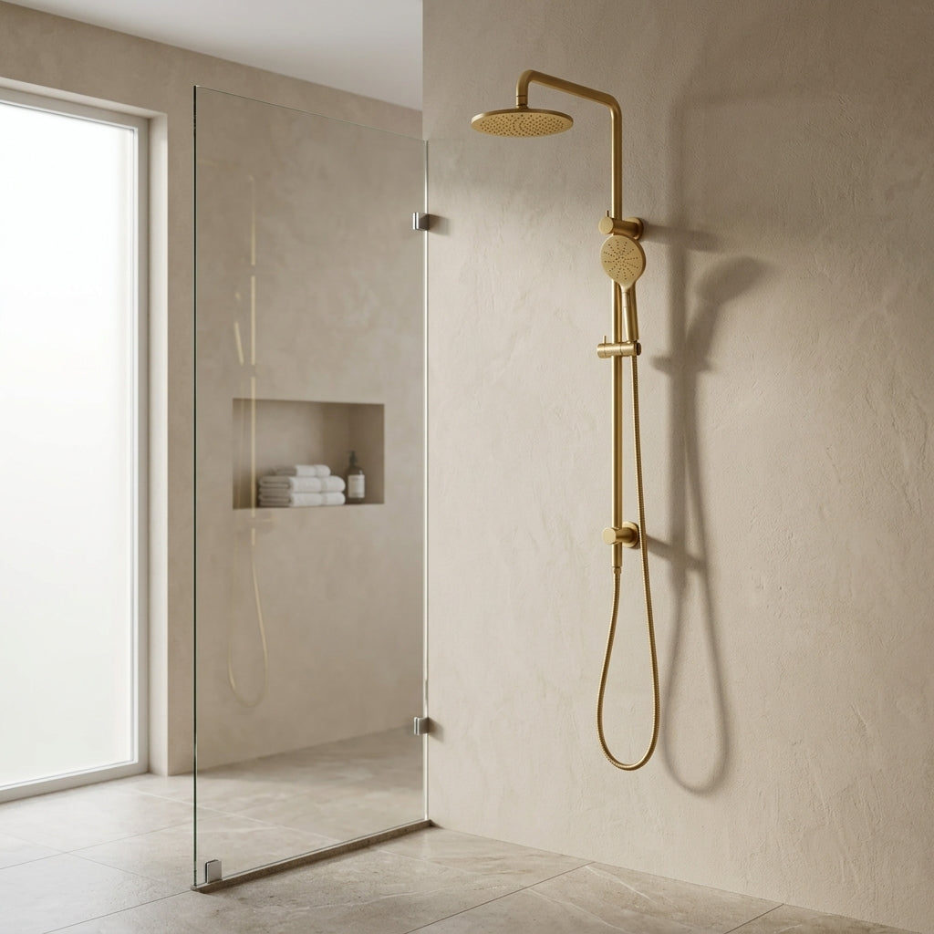 Solace Rain Shower Set in Brushed Aurum, installed