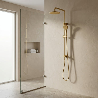 Solace Rain Shower Set in Brushed Aurum, installed