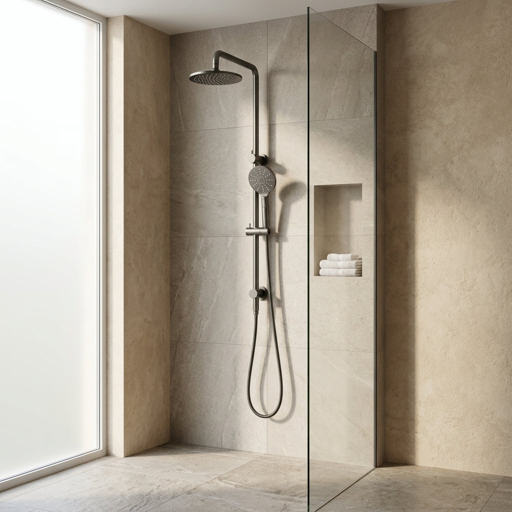 Solace Rain Shower Set in Forged Gunmetal, installed