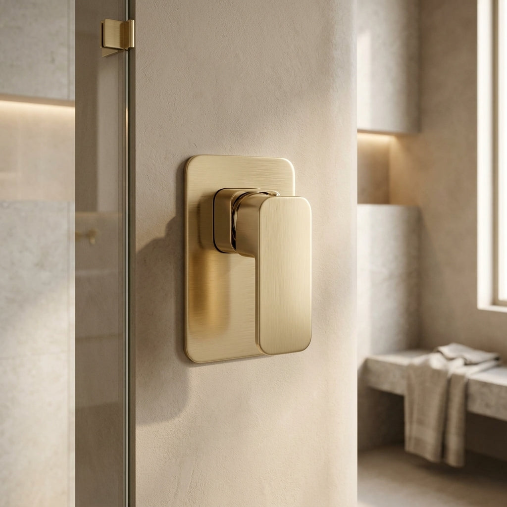 Solace Shower Wall Mixer in Brushed Aurum, installed