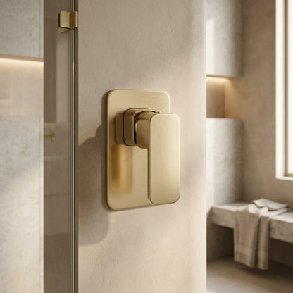 Solace Shower Wall Mixer in Brushed Aurum, installed