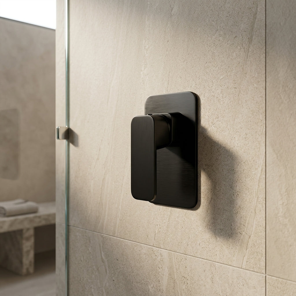 Solace Shower Wall Mixer in Noir Obsidian, installed