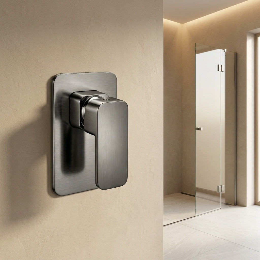 Solace Shower Wall Mixer in Forged Gunmetal, installed