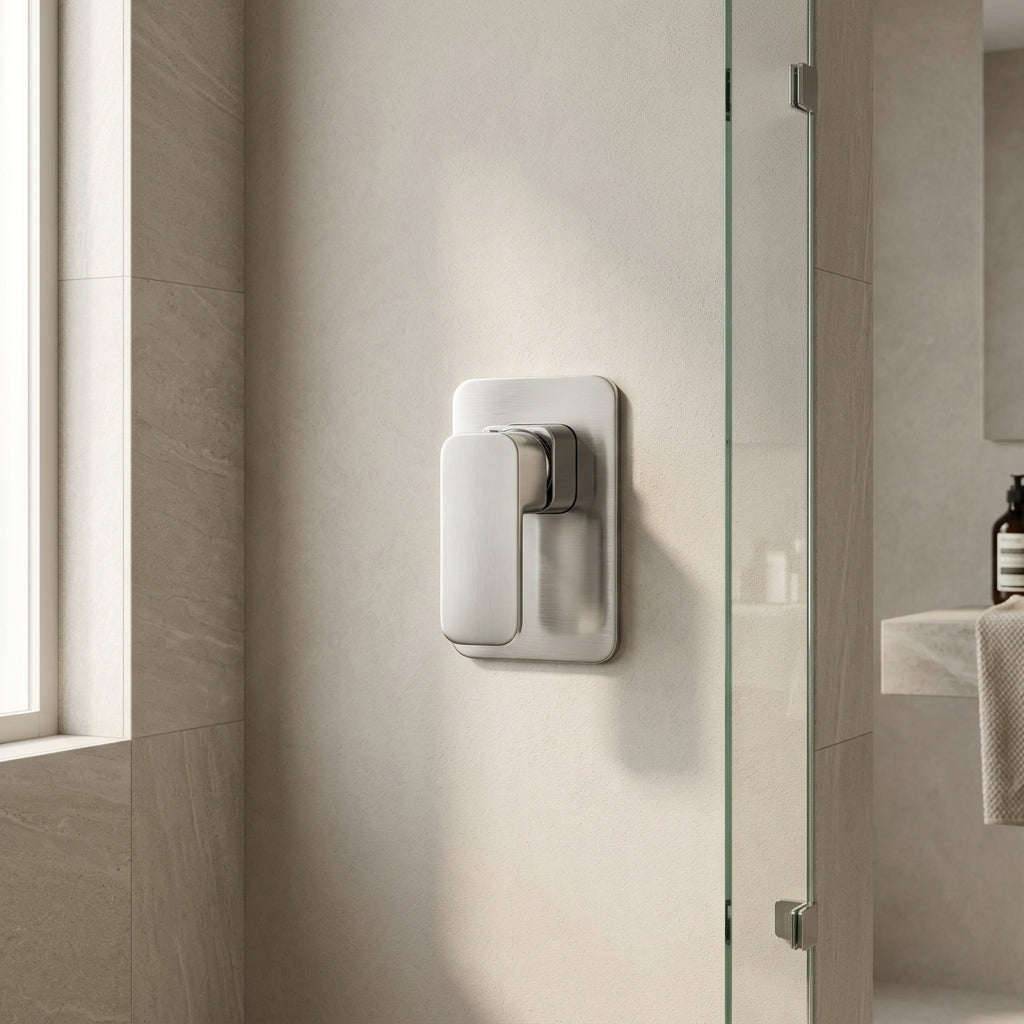 Solace Shower Wall Mixer in Sterling Chrome, installed