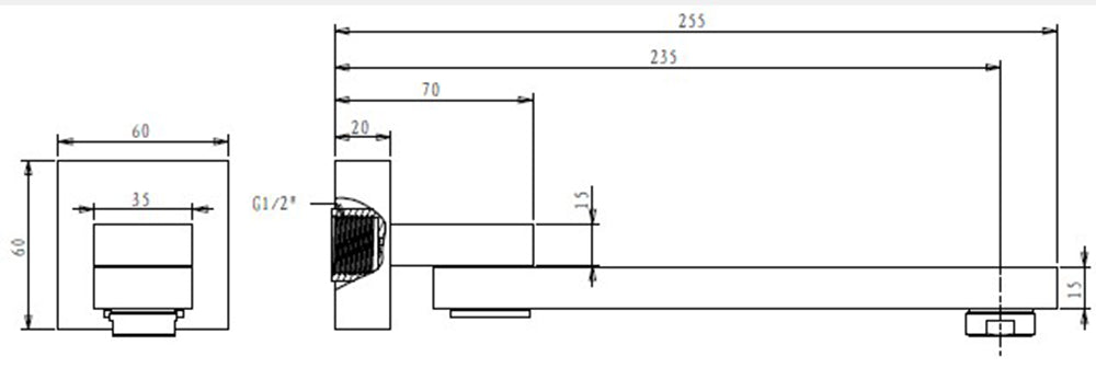 Syrin Swivel Bath Spout specification drawing with dimensions
