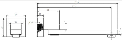 Syrin Swivel Bath Spout specification drawing with dimensions