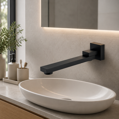 Syrin Swivel Bath Spout in Noir Obsidian, installed