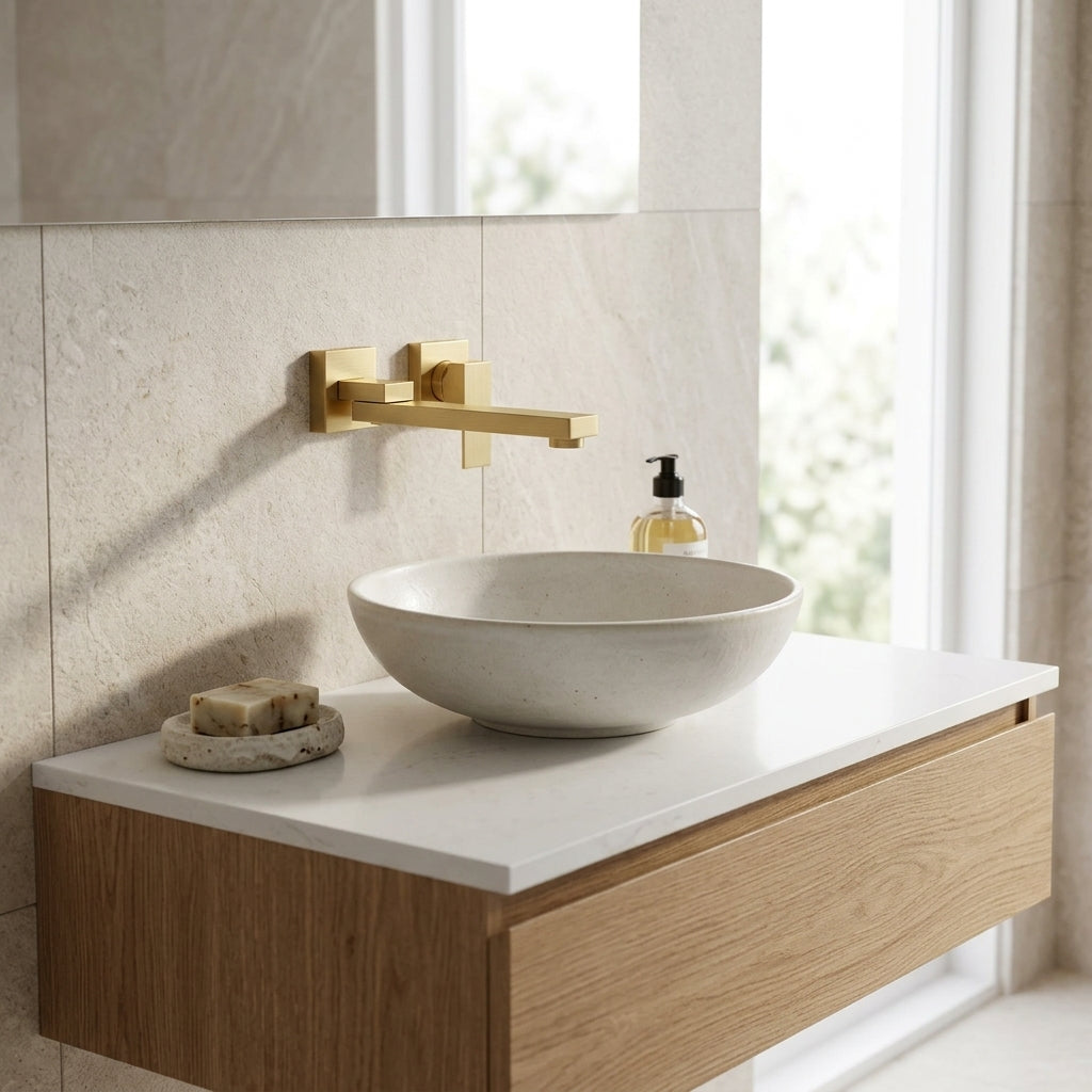 Syrin Swivel Bath Spout in Brushed Aurum, installed