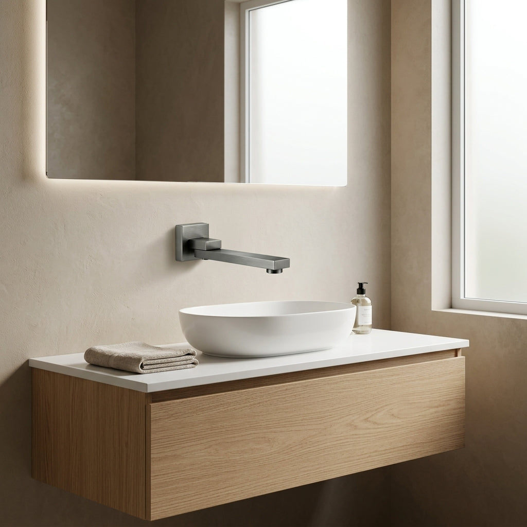Syrin Swivel Bath Spout in Forged Gunmetal, installed