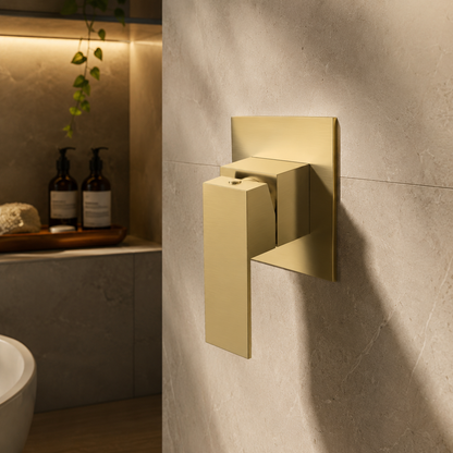 Syrin Wall Mixer in Brushed Aurum, installed