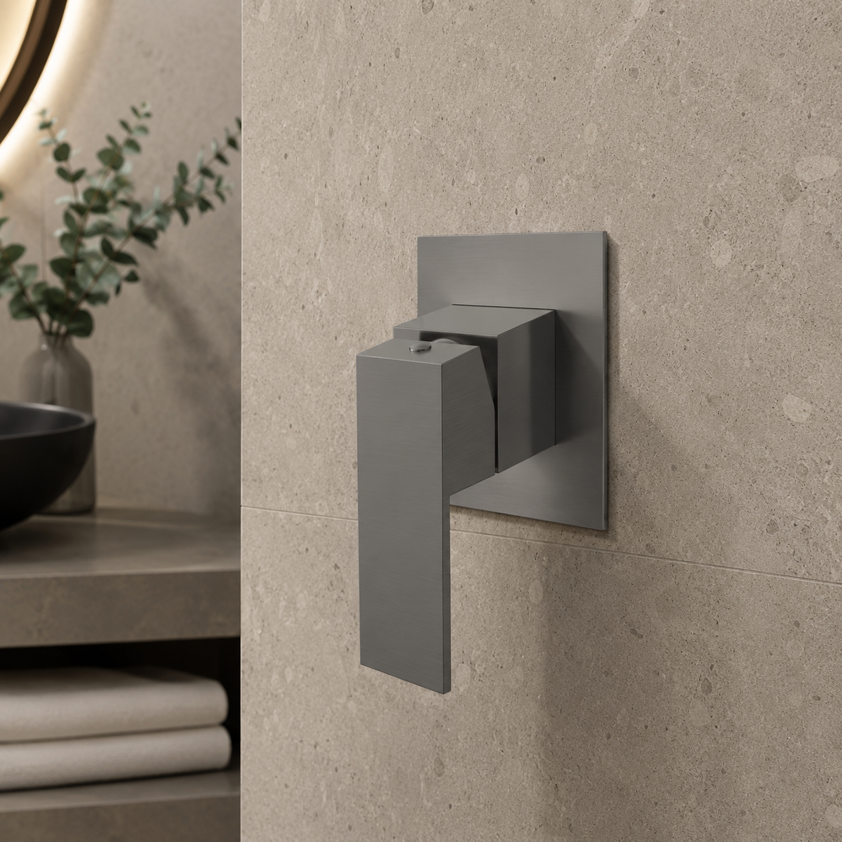 Syrin Wall Mixer in Forged Gunmetal, installed