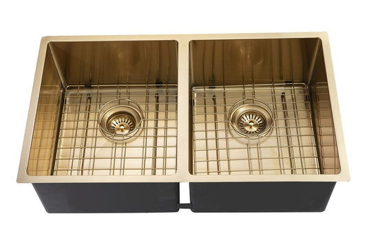 304 Stainless Steel Gold Hand-made Double Bowl Kitchen Sink 820*457*230mm