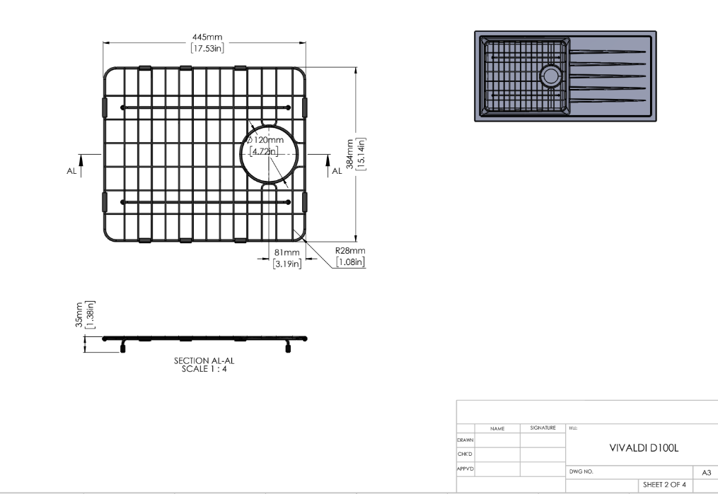 Stainless Steel Chrome Grid For Carysil Vivaldi D100L