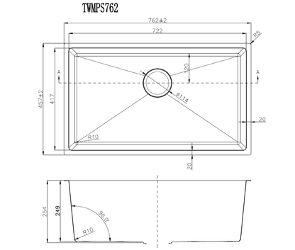 762x457x254mm 1.2mm Handmade Top/Undermount Single Bowl Kitchen Sink 304 Stainless Steel (Copy)