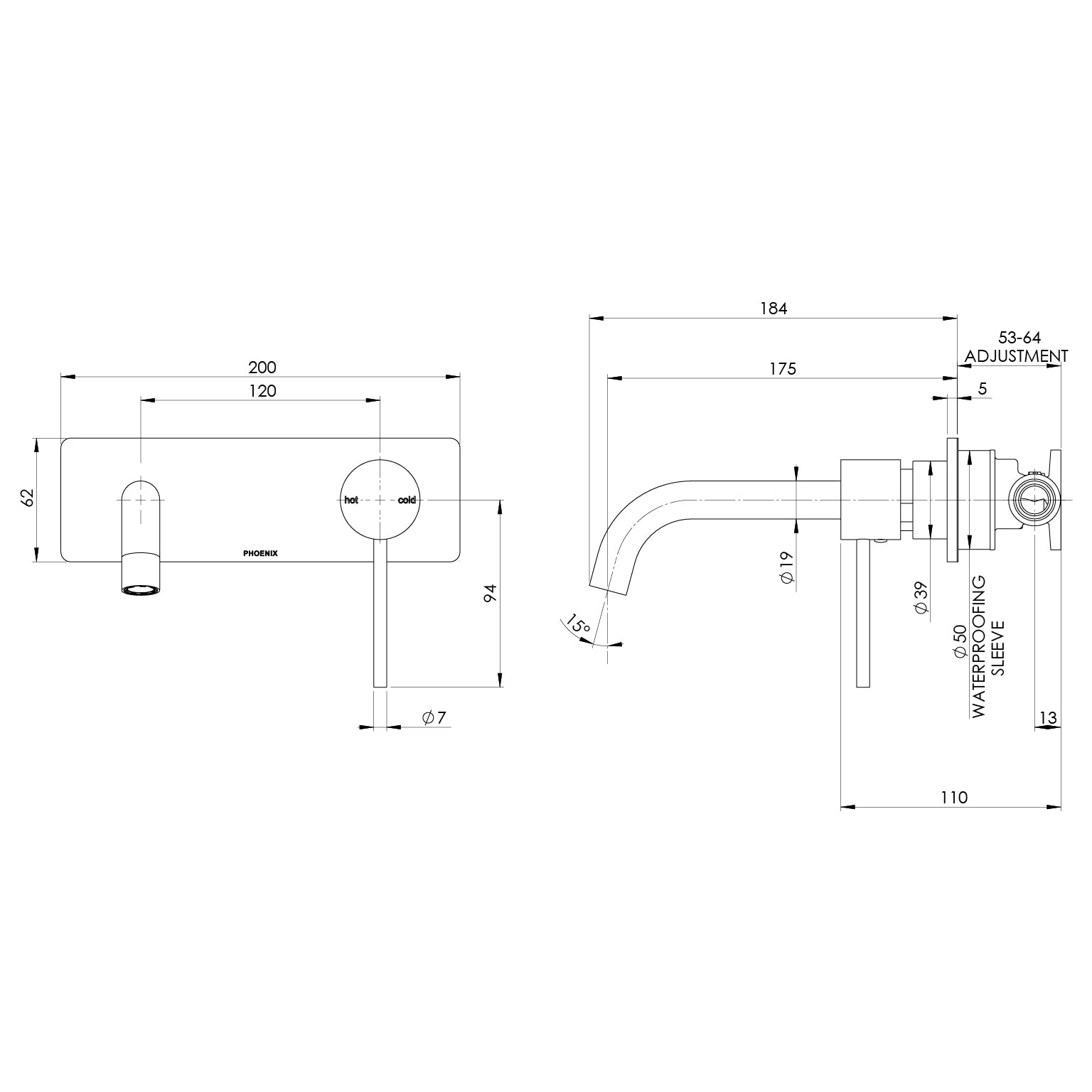 Vivid Slimline SwitchMix Wall Basin / Bath Mixer Set 180mm Fit-Off Kit