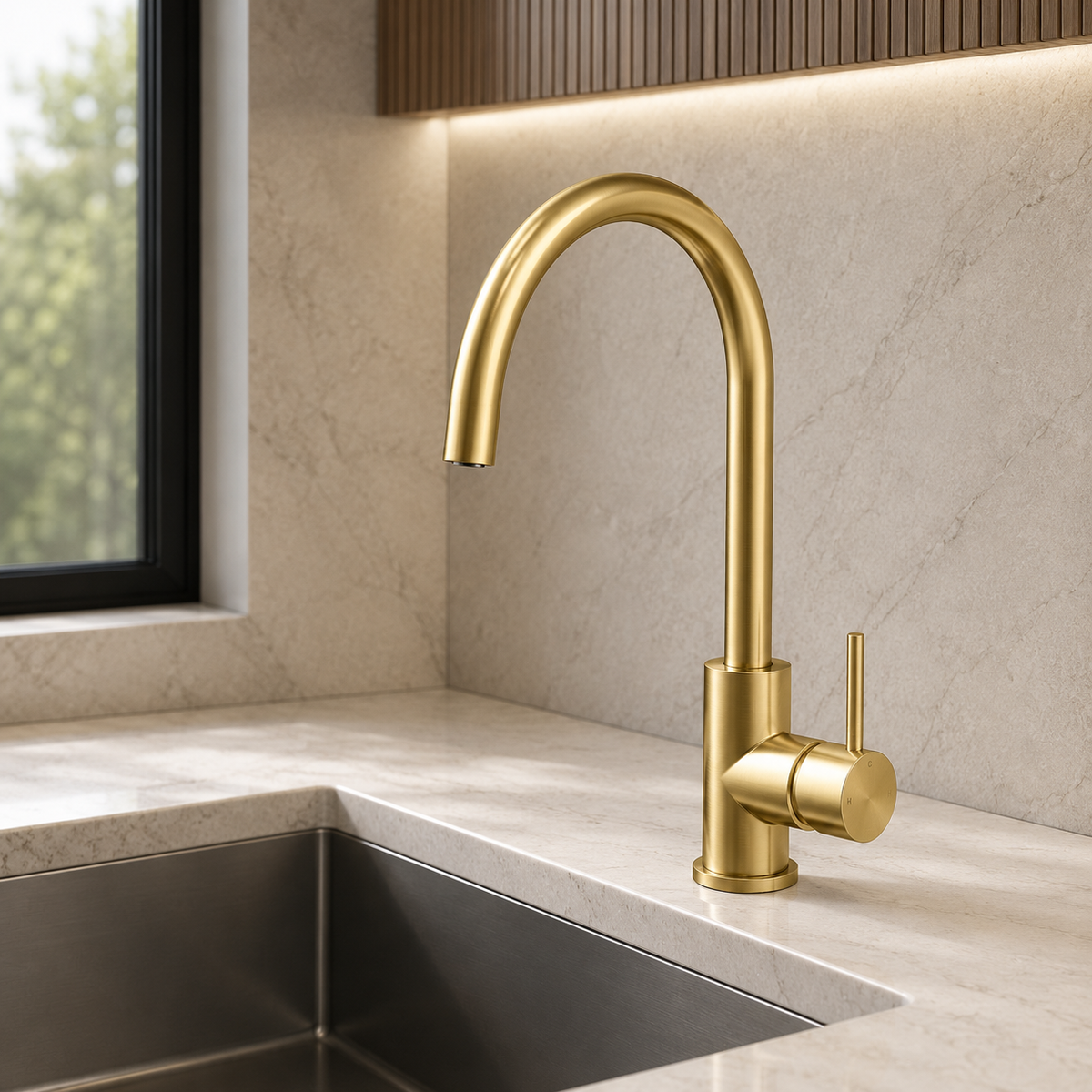 Veil Kitchen Sink Mixer in Brushed Aurum, installed