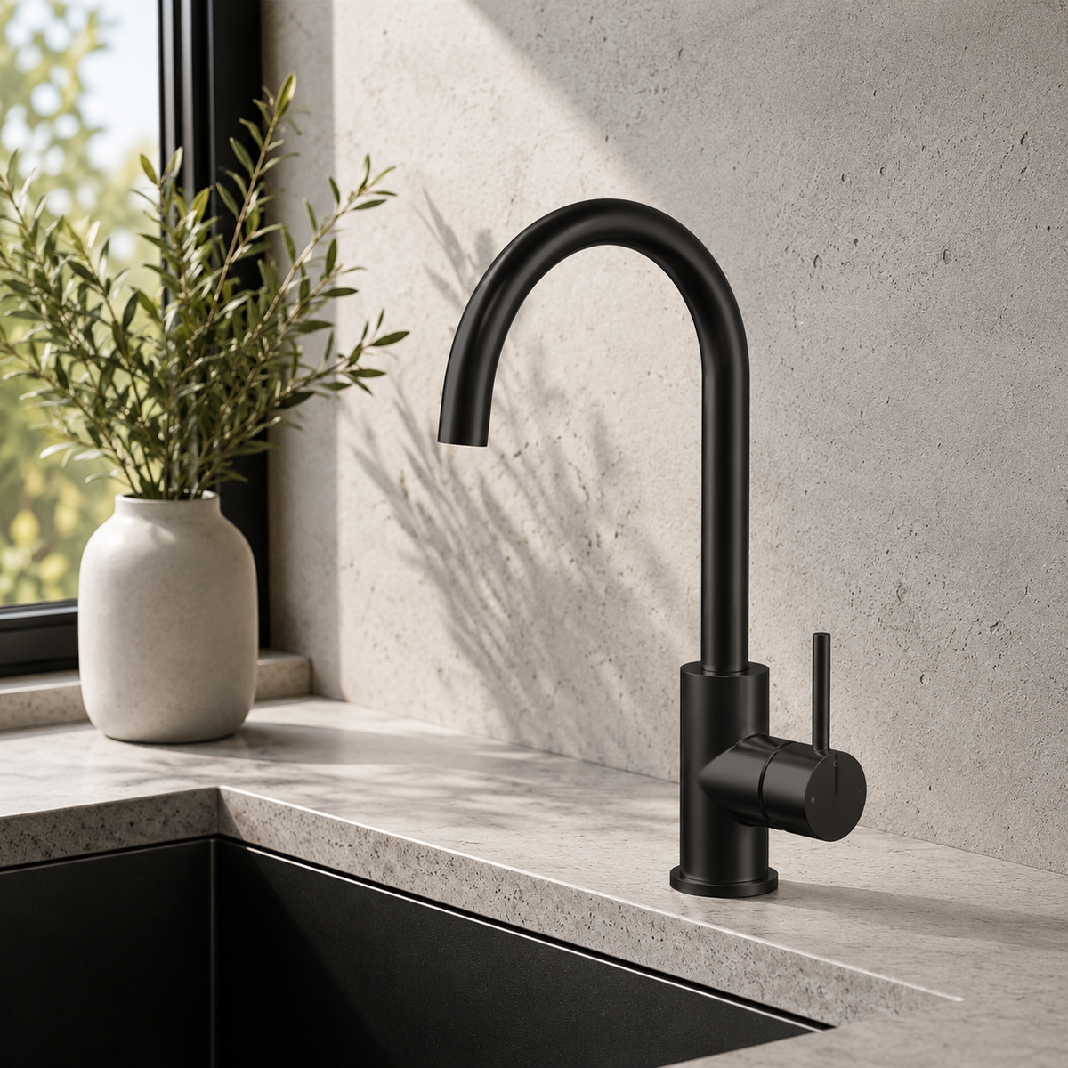 Veil Kitchen Sink Mixer in Noir Obsidian, installed