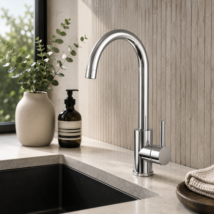 Veil Kitchen Sink Mixer in Sterling Chrome, installed