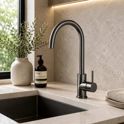 Veil Kitchen Sink Mixer in Forged Gunmetal, installed