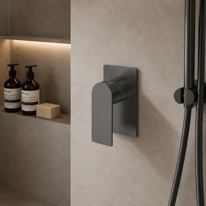 Orvieon Velora Wall Mixer in Forged Gunmetal, installed