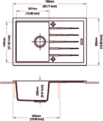 Carysil Vivaldi Single Bowl with Drainer Granite Kitchen Sink 780*500mm