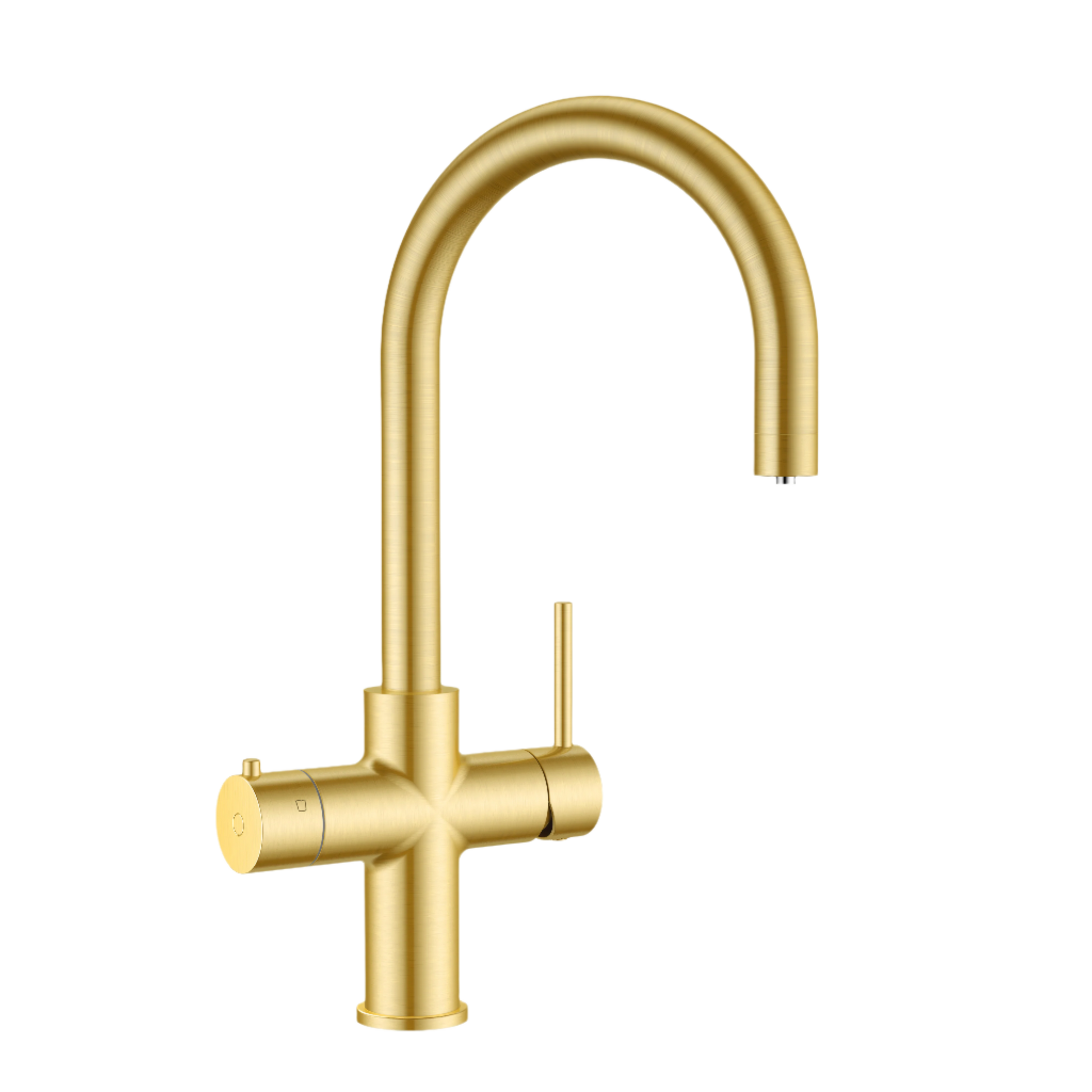 Alia Global 4-in-1 instant hot filtered water tap in brushed gold variant on a transparent background, ideal for filtered water dispensing with instant hot water functionality.