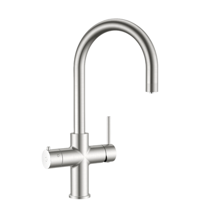 Alia Global 4-in-1 instant hot filtered water tap in brushed nickel on a transparent background, showcasing a premium water dispenser with instant boiling feature and child safety lock.