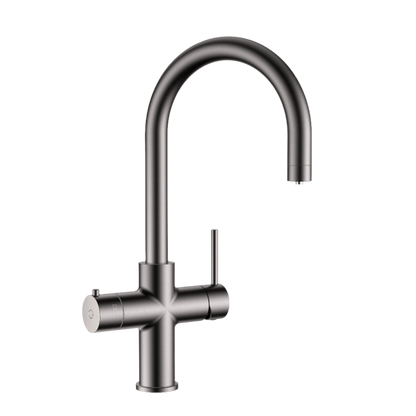 Alia Global 4-in-1 instant hot filtered water tap shown in gunmetal grey on a transparent background, designed for premium filtered and instant boiling water supply.