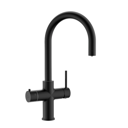 Alia Global 4-in-1 instant hot filtered water tap in matte black finish displayed on a transparent background, emphasizing the multifunctional water dispenser for kitchens.