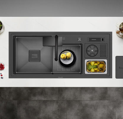 Custom ALIA Smart Sink in a contemporary kitchen setting, featuring laser-cut, hand-welded 3mm stainless steel, dual sink spaces, and advanced accessories for an innovative culinary experience.