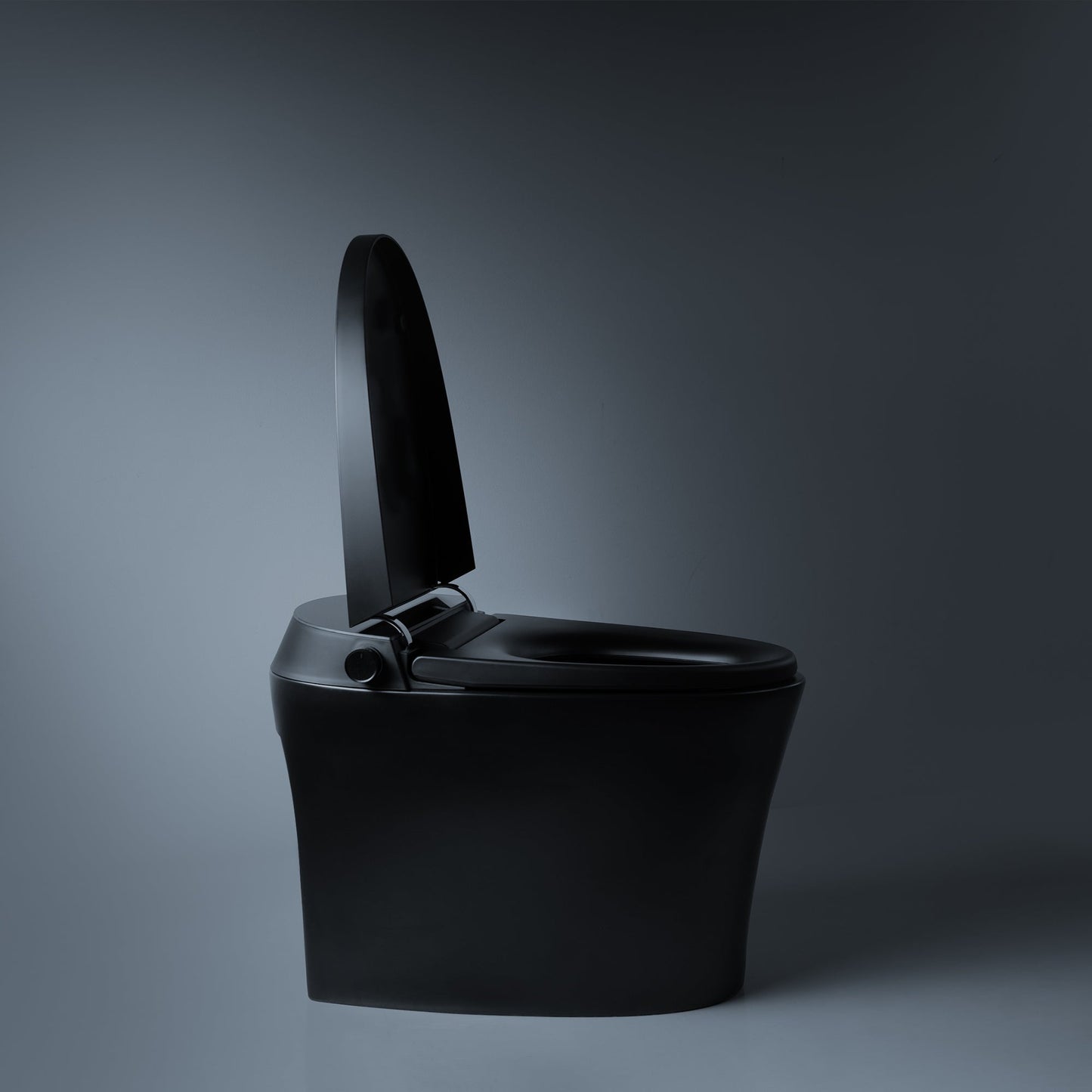 Matte black smart toilet by Alia with integrated bidet function and open lid, highlighting modern bidet technology for a luxurious bathroom experience.