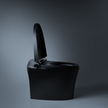 Matte black smart toilet by Alia with integrated bidet function and open lid, highlighting modern bidet technology for a luxurious bathroom experience.