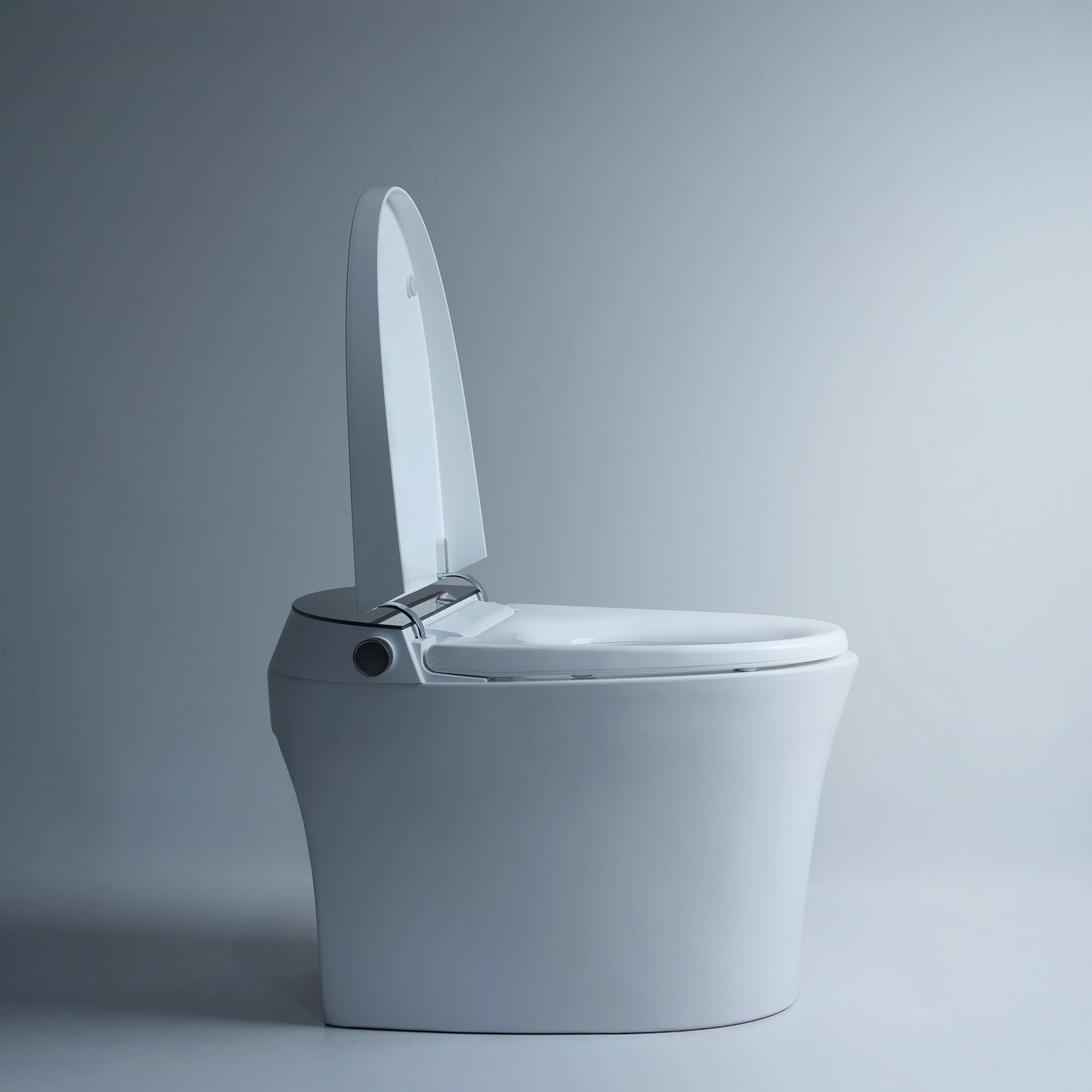 White Alia Smart Toilet with lid open, integrated bidet functionality and intuitive electronic controls, ideal for contemporary bathrooms seeking smart toilet solutions.