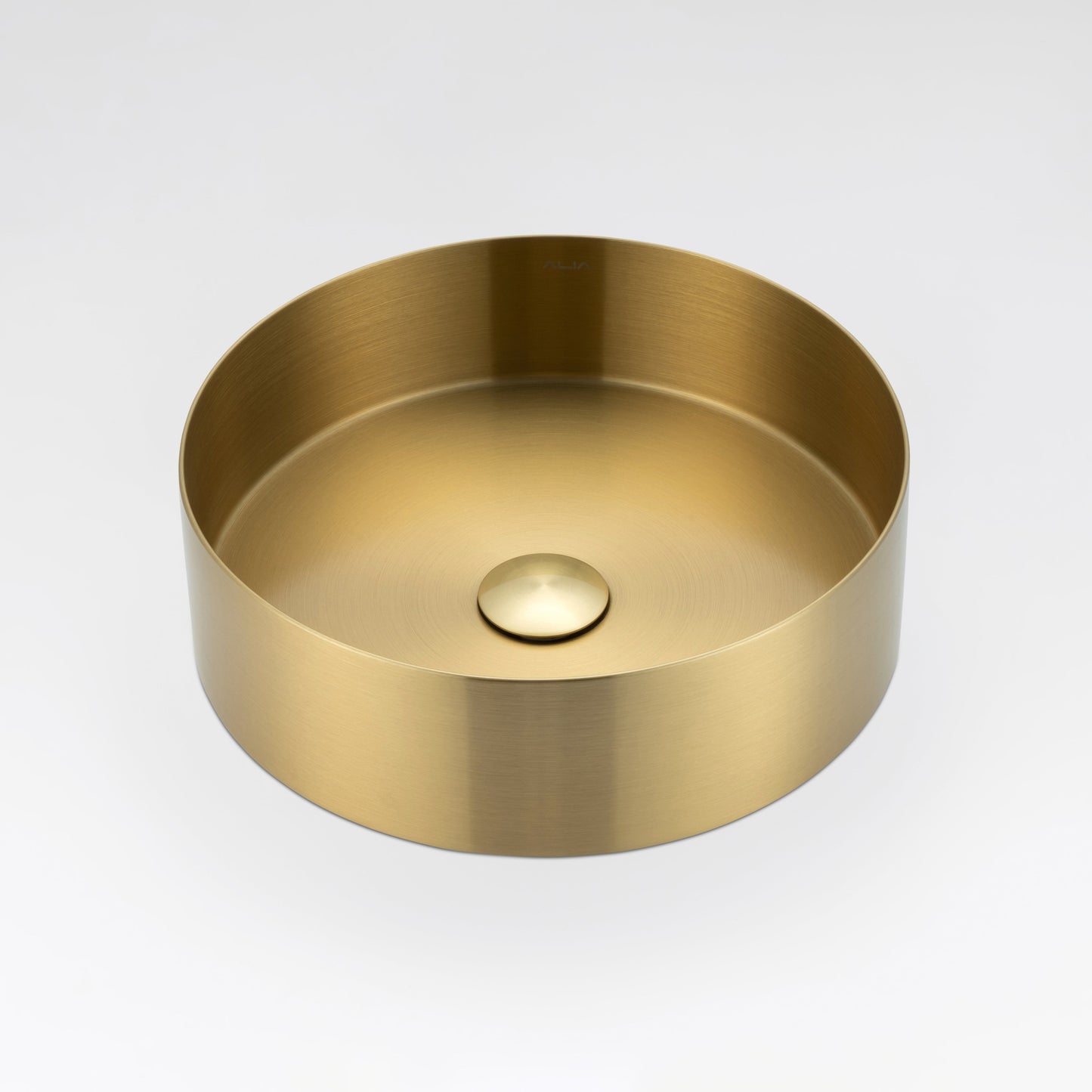 ALIA brushed gold round stainless steel basin designed for premium, space-saving bathroom vanities with a modern aesthetic.