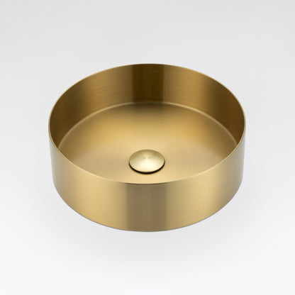 ALIA brushed gold round stainless steel basin designed for premium, space-saving bathroom vanities with a modern aesthetic.
