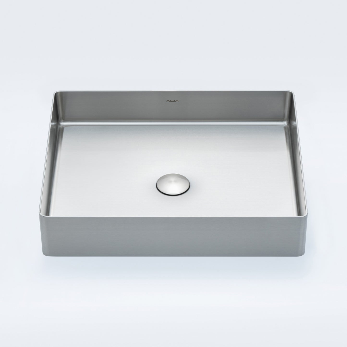 Brushed silver rectangular stainless steel bathroom basin by ALIA, showcasing a modern design perfect for contemporary bathrooms and hygienic spaces.