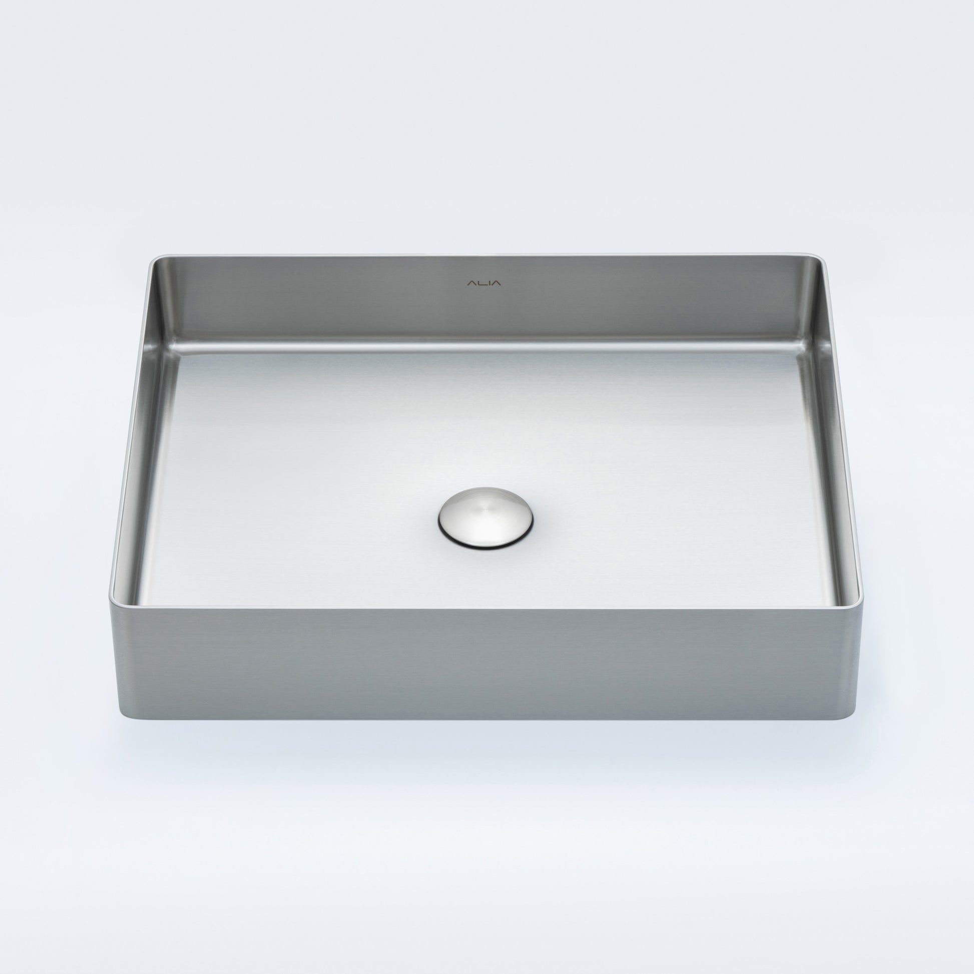 Brushed silver rectangular stainless steel bathroom basin by ALIA, showcasing a modern design perfect for contemporary bathrooms and hygienic spaces.