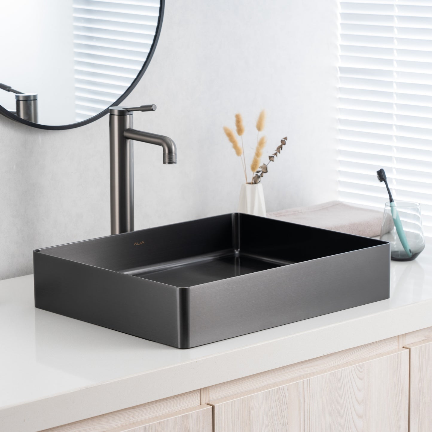 Gunmetal grey rectangular stainless steel bathroom basin, ideal for modern bathrooms or kitchens, featuring above-counter installation—premium ALIA basin sink for contemporary spaces.