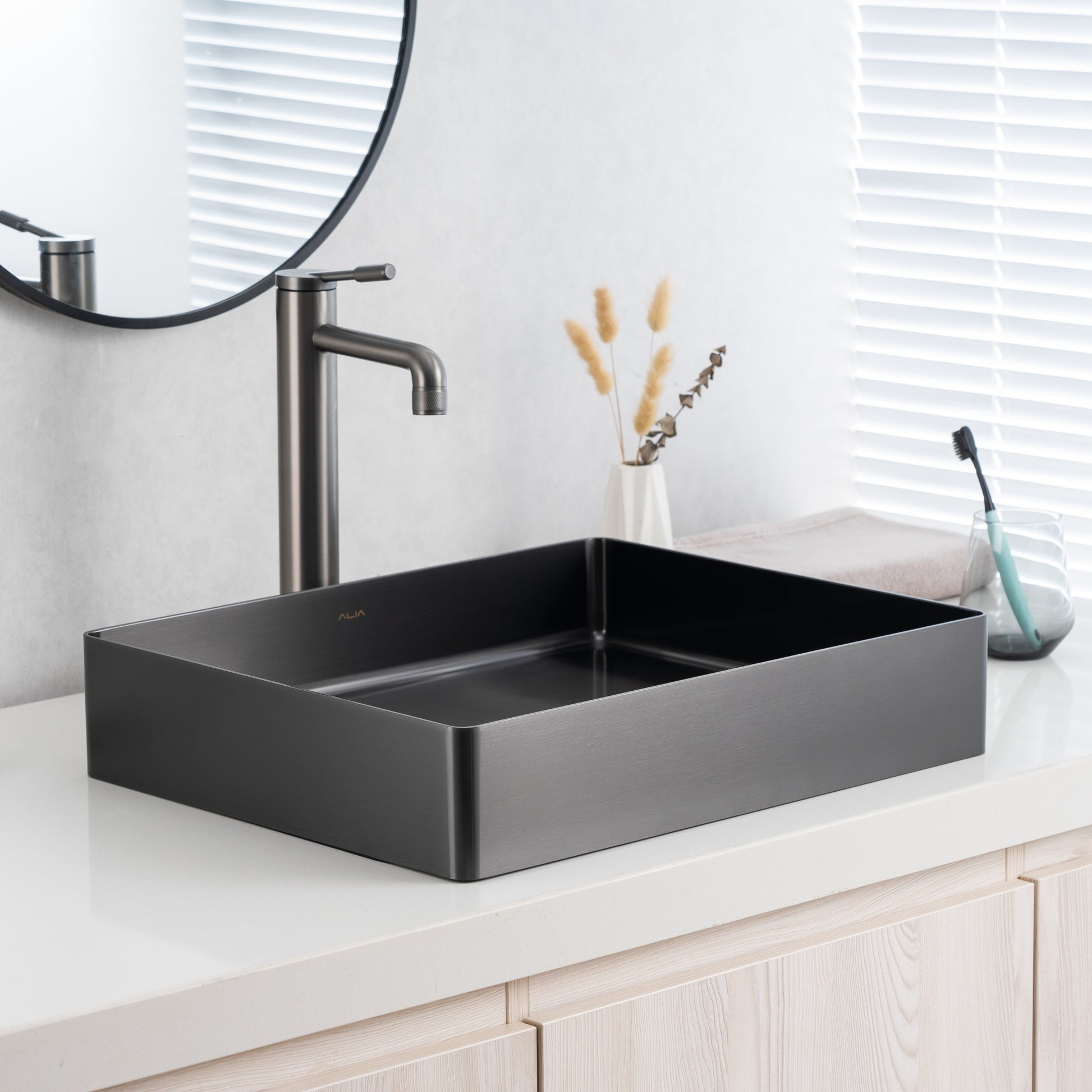 Gunmetal grey rectangular stainless steel bathroom basin, ideal for modern bathrooms or kitchens, featuring above-counter installation—premium ALIA basin sink for contemporary spaces.