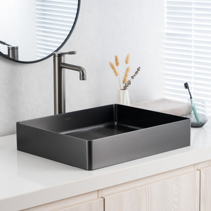Gunmetal grey rectangular stainless steel bathroom basin, ideal for modern bathrooms or kitchens, featuring above-counter installation—premium ALIA basin sink for contemporary spaces.