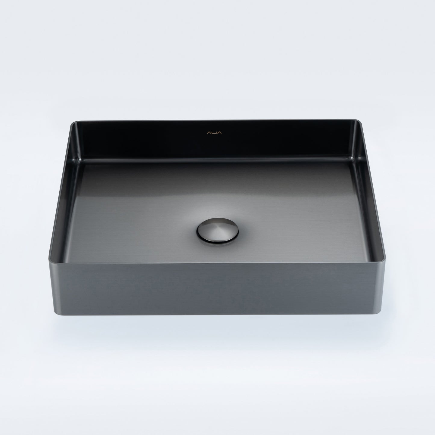 ALIA rectangular stainless steel bathroom basin in gunmetal grey displays a sleek, hygienic design, perfect as a feature sink in residential or commercial bathroom remodels.