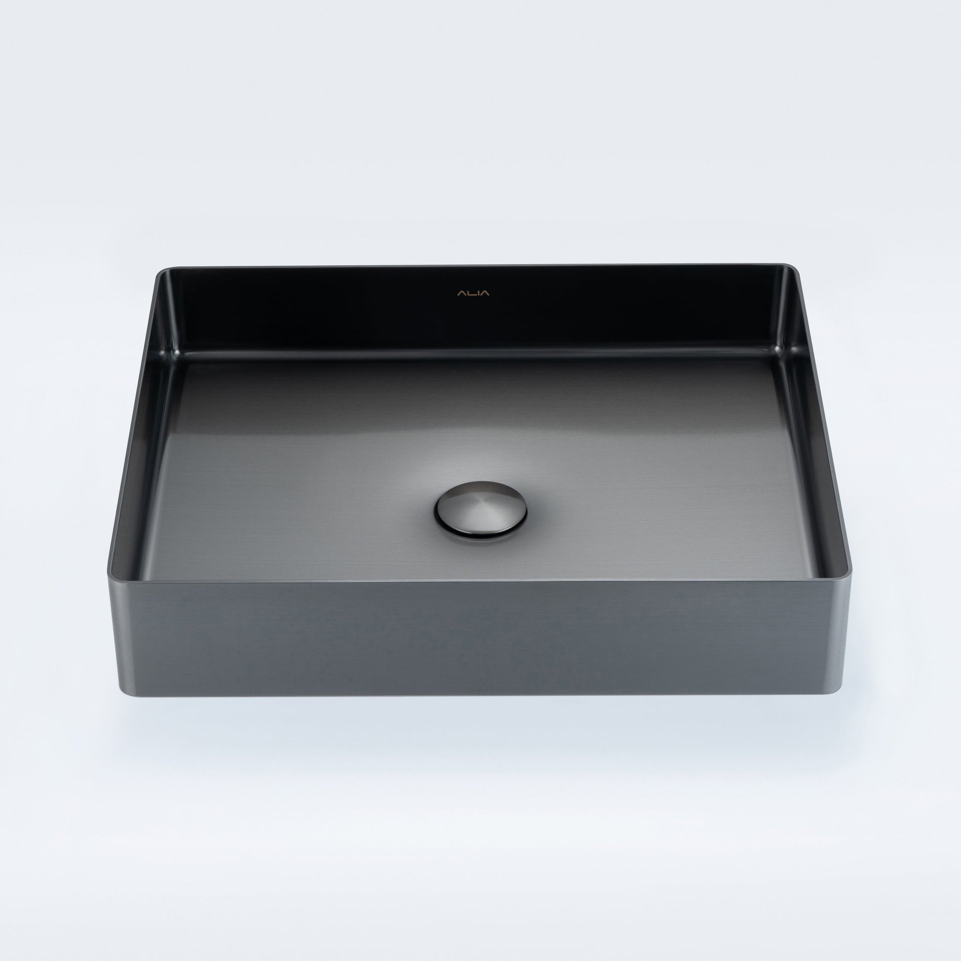 ALIA rectangular stainless steel bathroom basin in gunmetal grey displays a sleek, hygienic design, perfect as a feature sink in residential or commercial bathroom remodels.