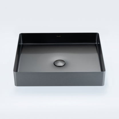 ALIA rectangular stainless steel bathroom basin in gunmetal grey displays a sleek, hygienic design, perfect as a feature sink in residential or commercial bathroom remodels.