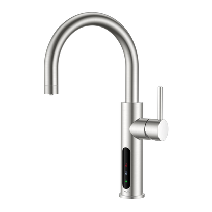 Alia X51 instant hot, cold, and sparkling filtered water tap in brushed nickel, presented on a transparent background, ideal for contemporary kitchen water filtration systems.