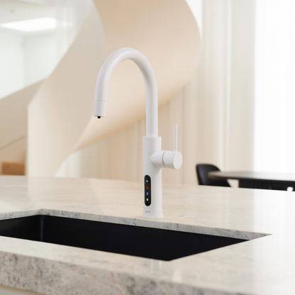Alia X51 instant hot, cold, and sparkling filtered water tap in Stormtrooper matte white finish, designed to resemble the iconic Star Wars Stormtrooper armour, installed in a modern kitchen showcasing advanced filtration and sleek design.
