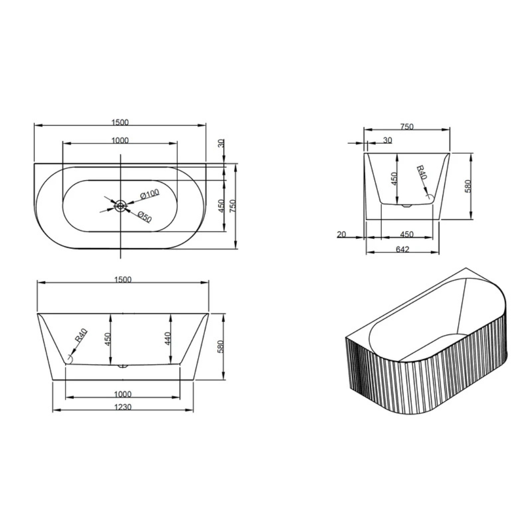 Alvane Fluted Back-to-Wall Bathtub 1500mm Gloss White specification drawing with dimensions