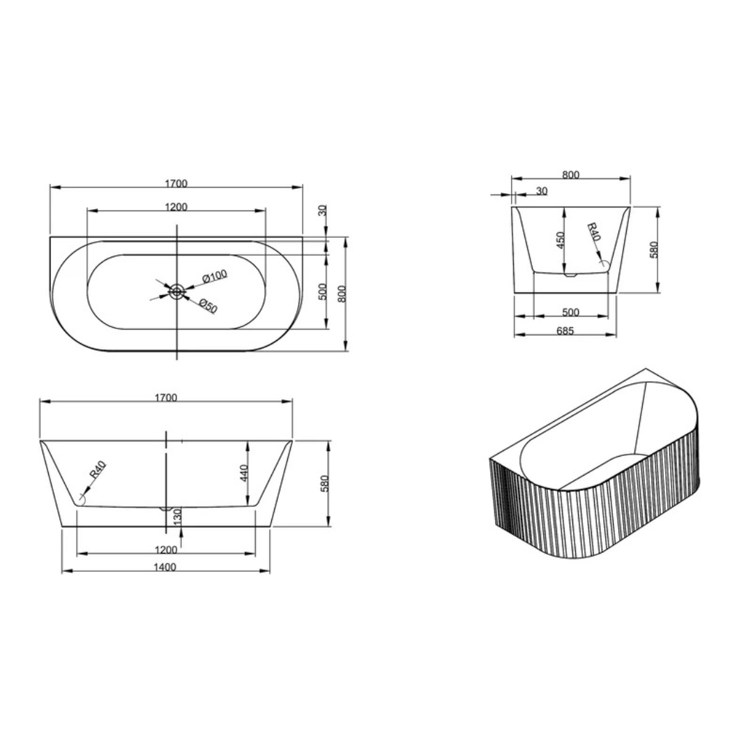Alvane Fluted Back-to-Wall Bathtub 1700mm Gloss White specification drawing with dimensions