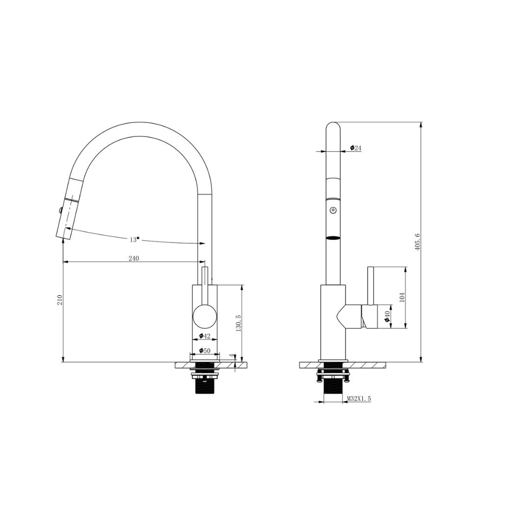 Auren Pull Out Kitchen Sink Mixer specification drawing with dimensions