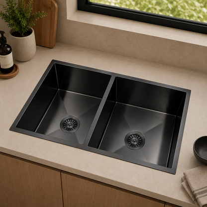 Avenor Handmade Double Bowl Kitchen Sink 760x450mm in Forged Gunmetal, installed